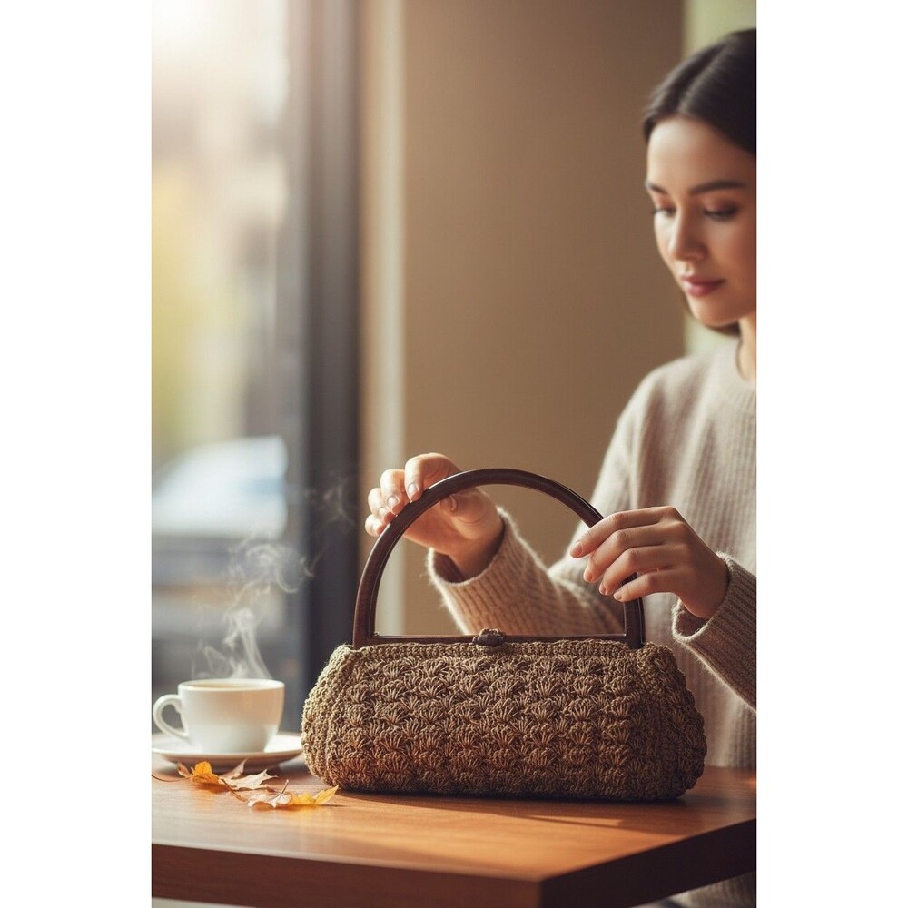 DESIGNER TOTE LE MONDE TAN CROCHET BROWN WOOD DOUBLE HANDLES BUTTON CLOSURE BAG - Picture 8 of 16
